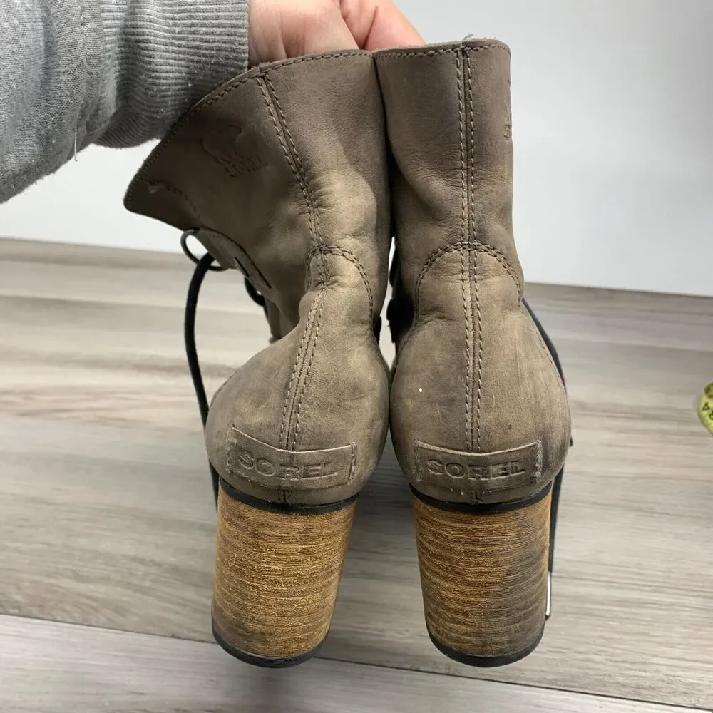 SOREL Boots Womens Sz 10 Addington Bootie Shoes Distressed Leather‎ Lace Up Heel